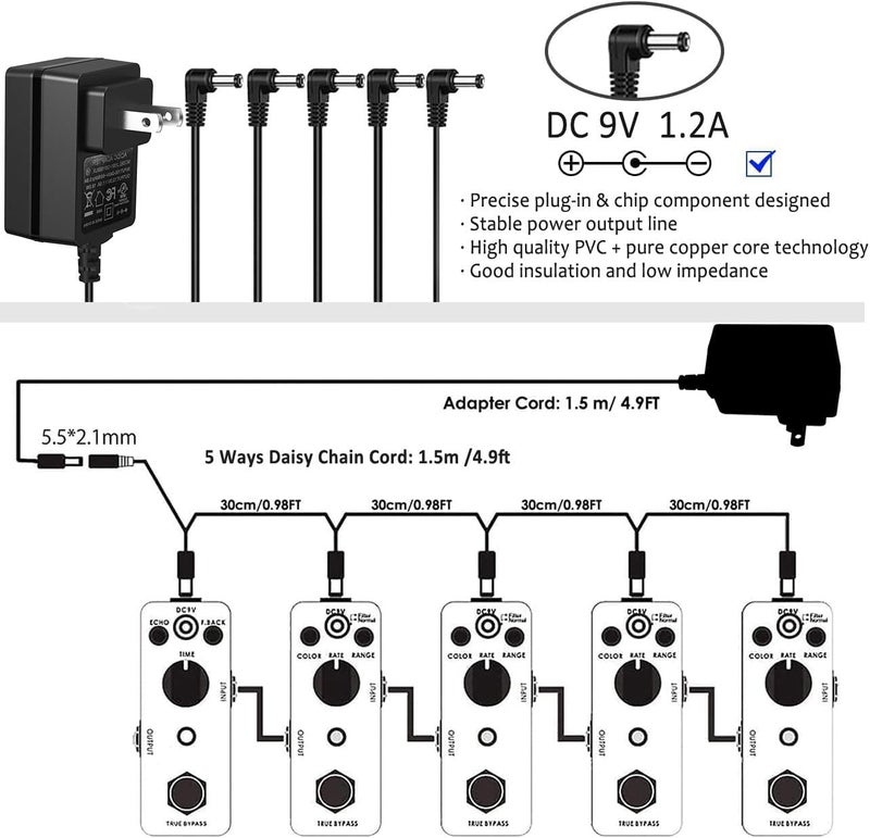 JOYO DC 9V 1.2A Guitar Pedal Power Supply with 5 Way Daisy Chain Cables, AC Wall Charger Power Adapter for Bass Guitar Effect Pedals (Tip Negative) - Image 5